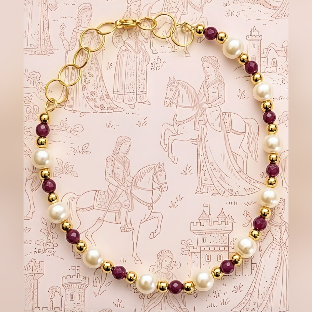 Genuine Red Ruby And Freshwater Baroque Pearls In Gold Plated Classic Necklace